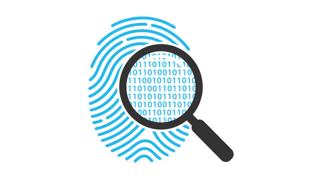 Fingerprint biometric scan with magnifying glass displaying digital binary code data
