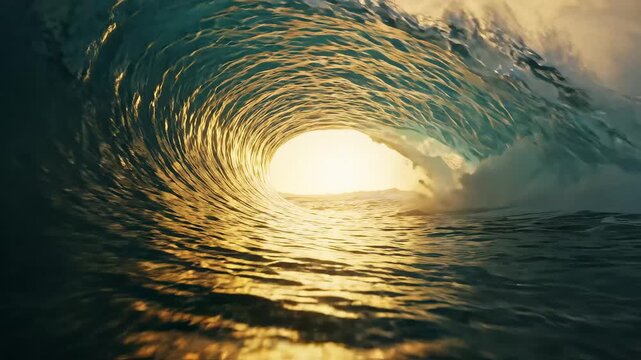 Ocean wave forming barrel at sunset highlighting environmental conservation and serenity