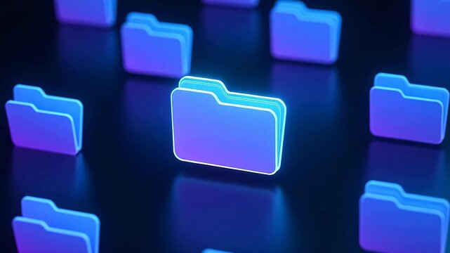 glowing blue folder icons on dark background