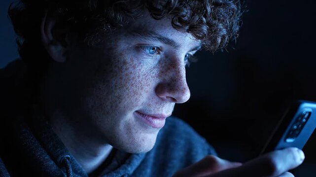 Young man with freckles using smartphone emphasizing network speed and cloud computing