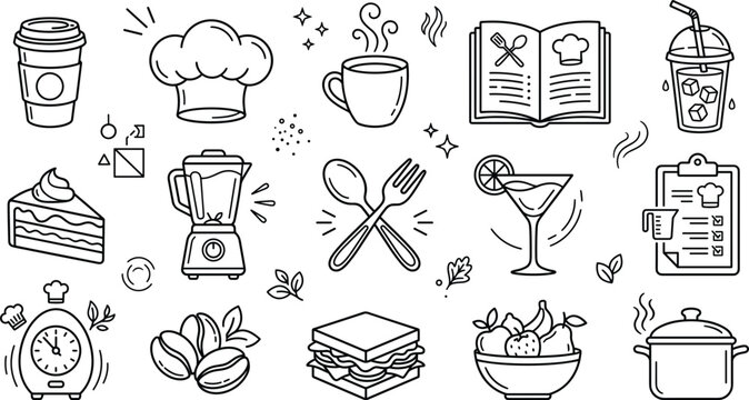 Restaurant and kitchen cooking icon set with doodle chef hat recipe book blender spoon fork cake sandwich vector