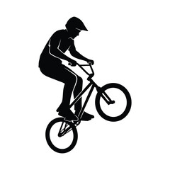 Obraz premium Bmx biker silhouette doing a wheelie, isolated vector illustration on white background.