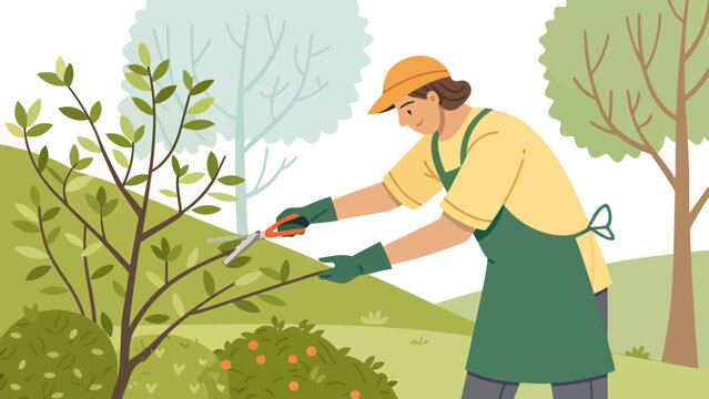 Gardener pruning a tree branch with hand pruners in a lush garden plant care gardener gardening secateurs horticulture greenery trimming maintenance activity illustration recreation