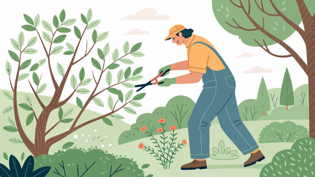 Man trimming tree branches with hand pruners in a landscaped garden plant care gardener branches secateurs gardening horticulture greenery earmuffs trimming maintenance activity recreation