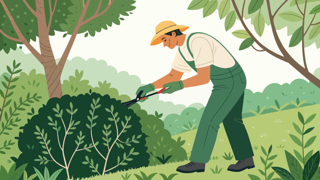 Gardener pruning a dense green bush with shears in a sunny outdoor setting with trees and foliage lawn care flat design straw hat gardener gardening trimming horticulture clipping greenery