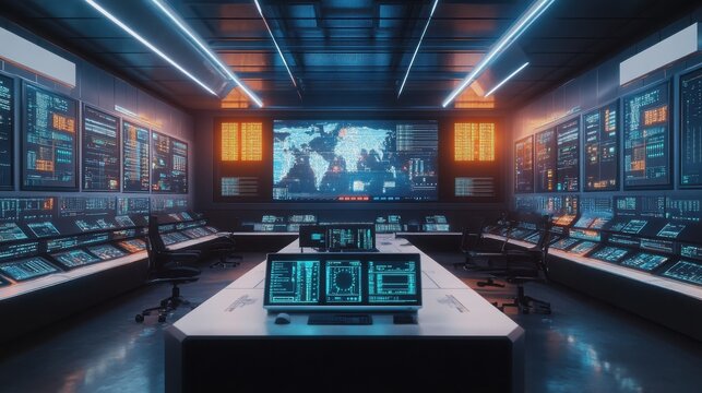 Futuristic control center with multiple screens displaying data and world map, illuminated by neon lights