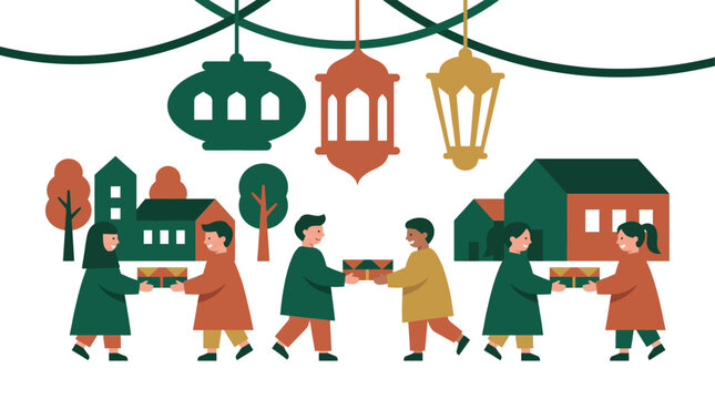 Diverse community members joyfully exchanging gifts and celebrating unity under festive lanterns, illustrating the spirit of sharing and generosity during a traditional holiday