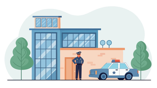 Police officer guarding a modern police building with a police car flat design law and order legal system enforcement building security authority illustration government transport official