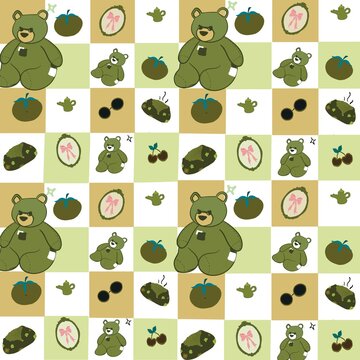 Cute green teddy bear checkerboard seamless pattern, aesthetic sage and mustard checkered background with whimsical tea party icons for nursery decor and textiles.