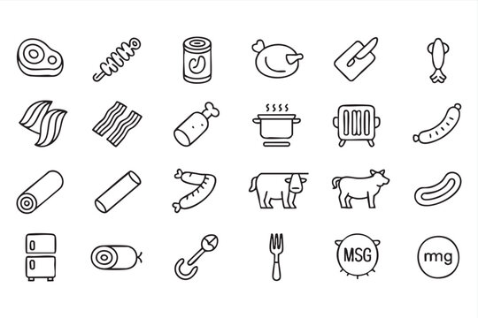 Meat Butchery Line Icon Set For Food Industry And Restaurant Design