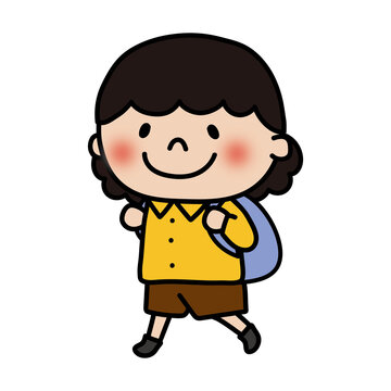 リュックサックを背負って旅行するふわふわの天パの子供（女の子）