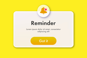 Fototapeta na wymiar Reminder popup alert ui interface alert window with button got it for app phone, mobile notification, web vector
