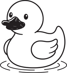 Obraz premium Cute little yellow rubber duck swimming in water simple black and white line art vector graphic.
