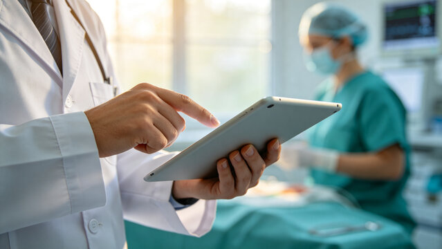 Doctor Using Tablet in Hospital Setting