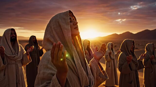 Group of robed people praying in desert for outdoor lifestyle brands and nature documentaries