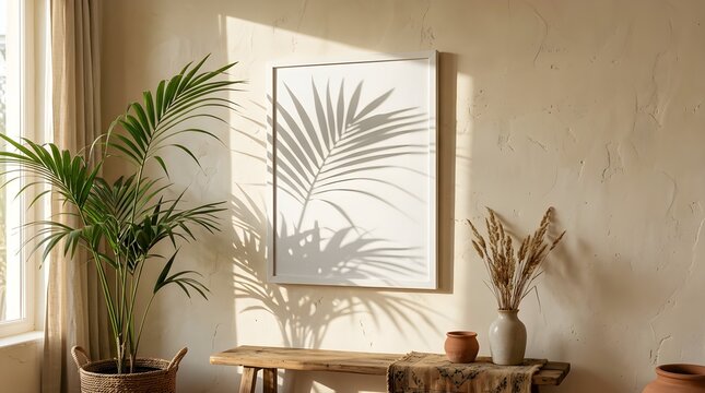 Sunlight streams through sheer curtains casting dappled shadows of lush green palm fronds onto a textured neutral wall above a wooden console table adorned with artisanal pottery and dried