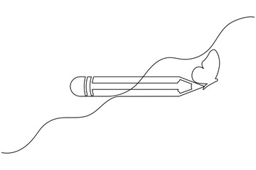 Obraz premium Pencil with butterfly continuous one line drawing minimal creative sketch vector illustration