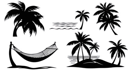 Fototapeta premium Summer Tropical Vacation Design with Glowing Palm Trees and a Comfortable Hammock