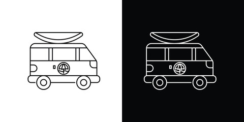 Line art icon illustration of a camper van with a surfboard on the roof, suitable for travel and outdoor adventure themes © Tifany