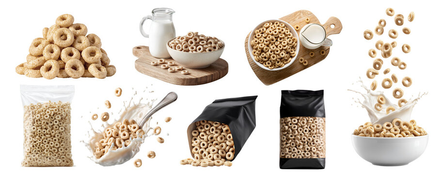 Set of 100% whole grain oats cereal loops rings breakfast snack, takeout standup plastic pouch bag, serving board with milk splash, bowl spoon, fly stack pile cluster, transparent cutout PNG mockup