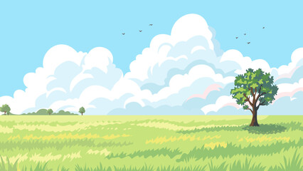 Fototapeta premium Vector illustration of a bright summer landscape with a green meadow, a lone tree, and large fluffy white clouds under a clear blue sky