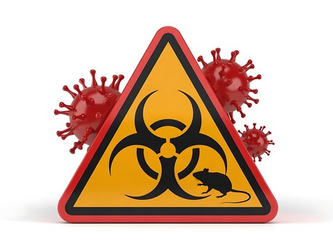 Biohazard warning symbol with virus particles and mouse illustration representing disease transmission and health risks