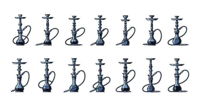 Systematic collection of various traditional hookah or shisha water pipe designs displayed in a two-row grid on white.