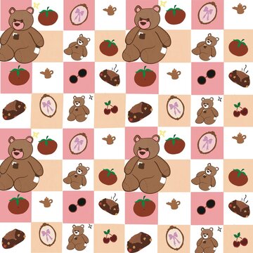 Cute pink teddy bear checkerboard seamless pattern, aesthetic blush and peach checkered background with whimsical tea party icons for nursery textiles.