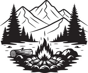 Obraz premium Black and white of campfire in front of mountain range trees