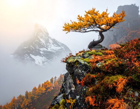Twisted tree with autumn leaves on misty mountain cliff in soft morning light