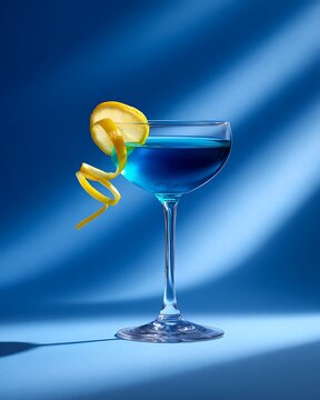 Blue lagoon martini cocktail in coupe glass with lemon twist garnish on blue background