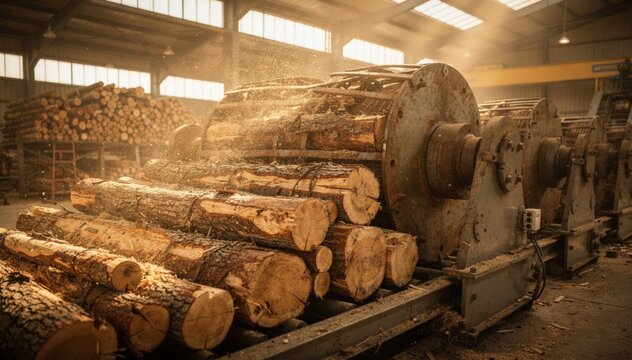 Industrial hall scene with dry logs fed into rotating debarker drums showcasing dust particles and wood grain details in warm natural lighting.