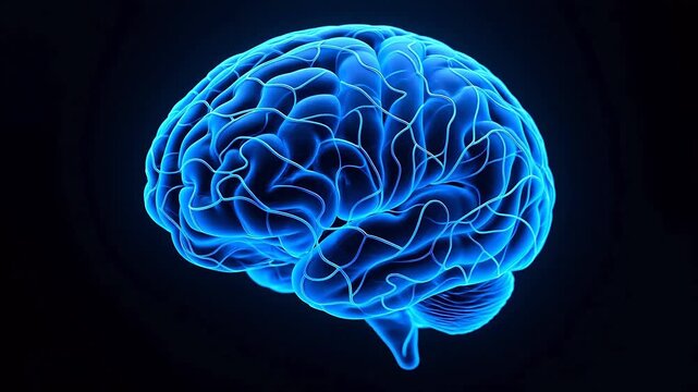 Glowing blue brain model on black background