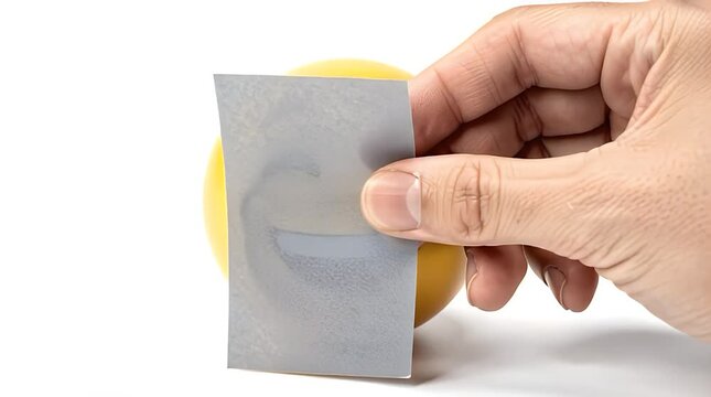 Close-up of a yellow neutral emoji face lying on a white ceramic plate with a single clear water droplet falling onto its surface against a seamless white background.