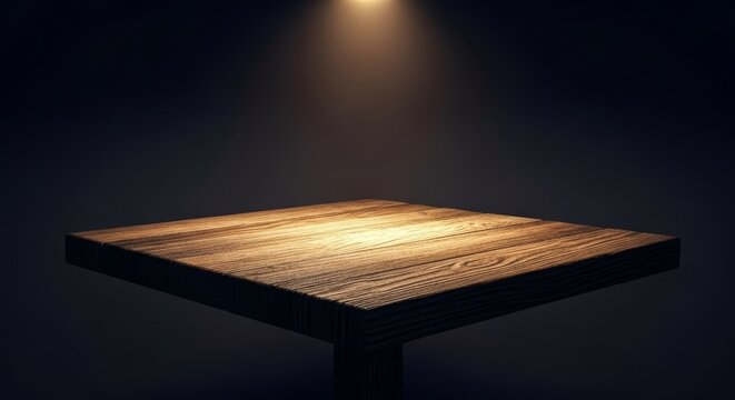 A rustic wooden pub table stands in a dimly lit corner, cast in deep moody shadows with a single warm light highlighting the grainy texture, dark wood, high contrast, high table