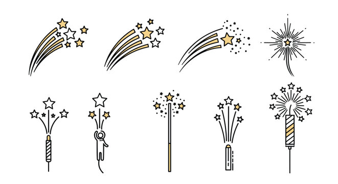 Comprehensive set of firework and sparkler icons in black, white, and gold, featuring various bursts, rockets, and celebratory light effects for events.