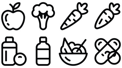 Fototapeta premium Healthy food icons including fruits vegetables and drinks on white background