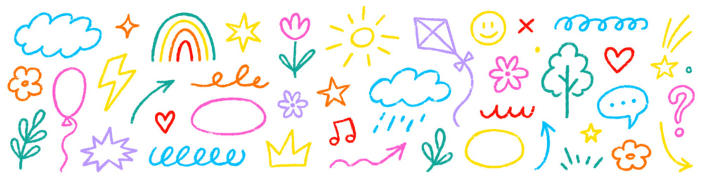 Kid line crayon cute set. Hand drawn kid line icon flower heart star pastel pencil sketch. Children rainbow cloud play smile kindergarten fun crayon background. Vector illustration