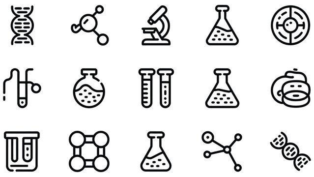 Science and laboratory icons including DNA molecule microscope and various beakers and test tubes