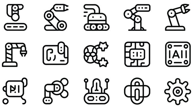 Robotics and artificial intelligence line icons set including industrial robots and automation symbols