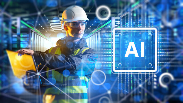 AI infrastructure, Industrial data center. Engineer manages server systems and artificial intelligence computing for factory automation and production control.