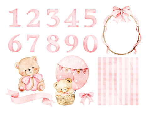 Watercolor Illustration Set of Number, Teddy Bears, and Cute Nursery Elements for Baby Milestone Cards