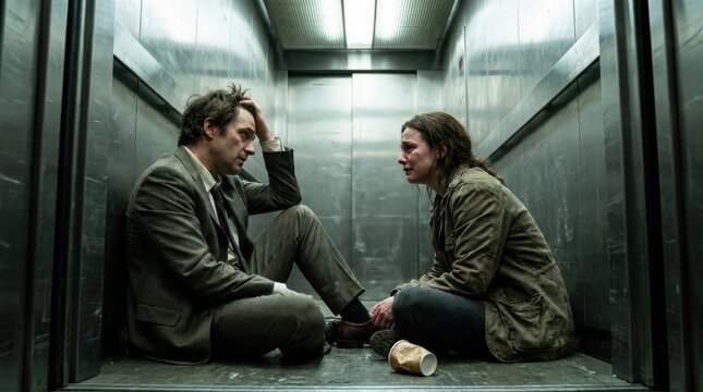 Two People Sitting on Floor in Elevator Emotional Scene