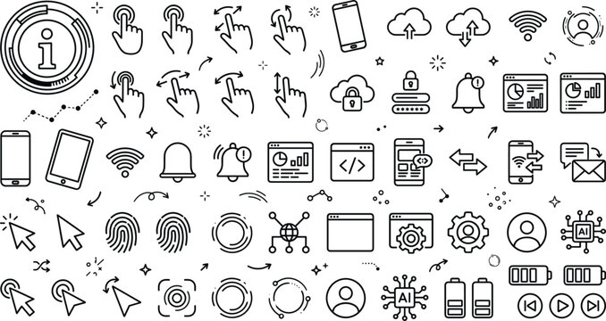 Technology and user interface line icon collection featuring touch controls connectivity notifications and digital communication illustration