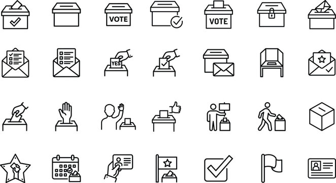 Election Voting Line Icons Set with Ballot Box Polling Booth and Democratic Process Symbols
