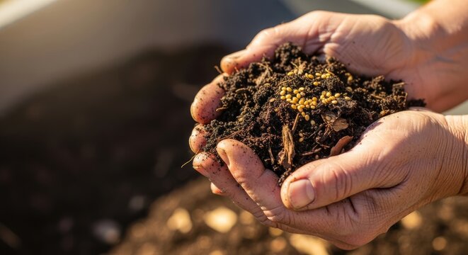 Close-up of weathered, wrinkled hands deeply ingrained with dark soil, holding a handful of organic compost and tiny golden seeds outdoors, hard, farming, wrinkled