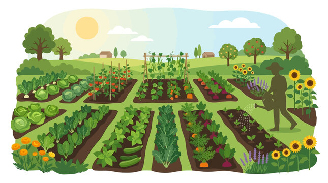 Vibrant vegetable garden teeming with diverse crops under a sunny sky, with a person watering plants