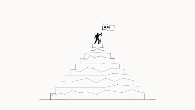 Minimalist monochrome line art of a figure planting a KPI flag atop a tiered pyramid, with progress graphs on each tier showing incremental performance goal achievement