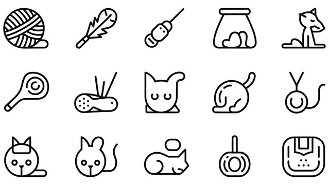 Set of black line icons depicting cats and their toys on white background