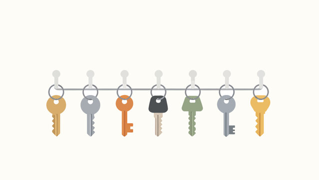 Minimalist Flat Illustration of Seven Unique Differently Colored Keys Hanging in a Neat Row on a Wall Mounted Key Hook Rack Against Soft Pale Off-White Background